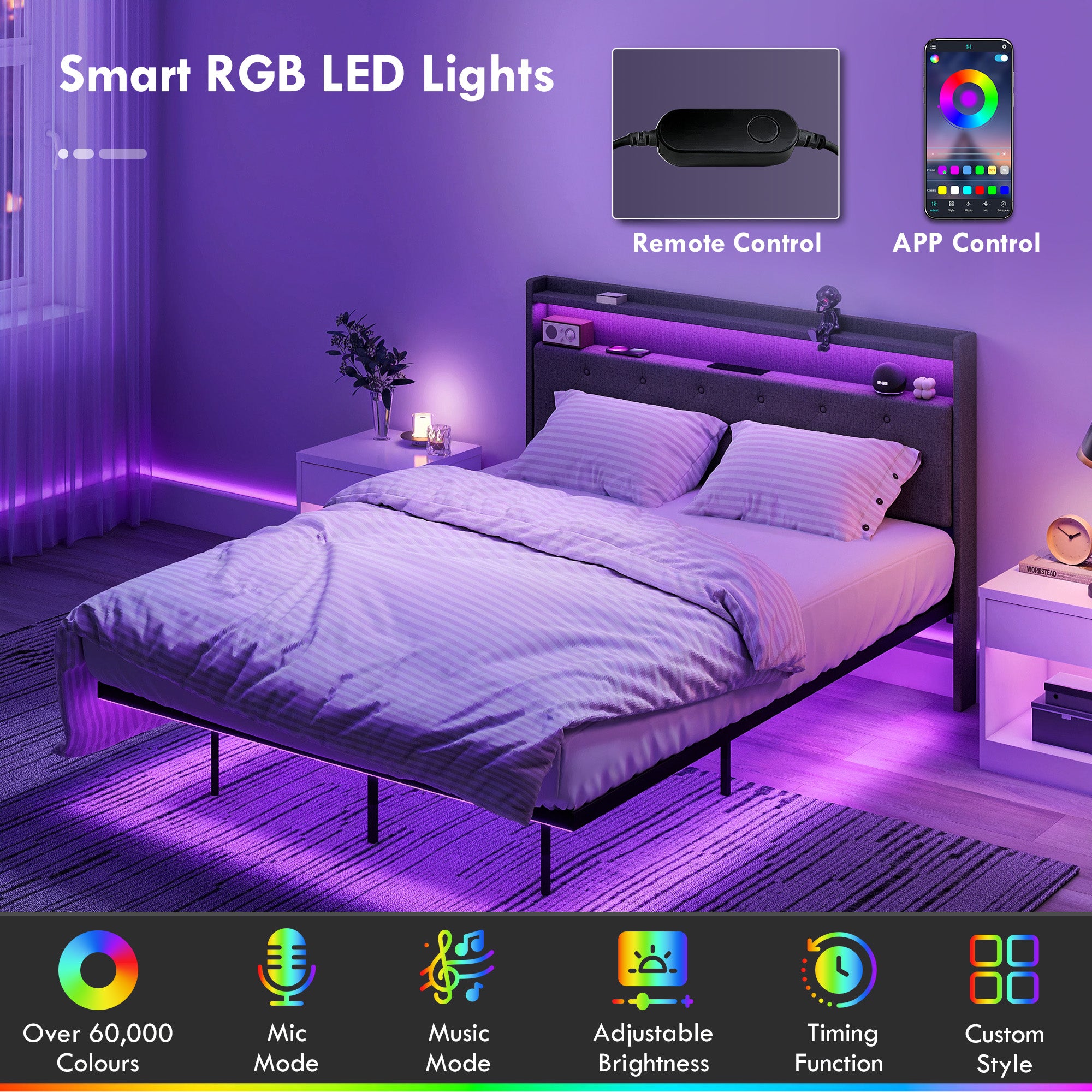 HOMCOM Floating Bed Frame, Upholstered 4ft6 Double Size Bed, Platform Bed with RGB LED Lights and Charging Station, Grey 