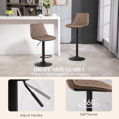 HOMCOM Bar Stools Set of 2, Retro Adjustable Kitchen Stool, Swivel PU Leather Upholstered Bar Chairs with Back, Footrest and Steel Base, Brown 