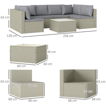 Outsunny 7 Pieces Rattan Garden Furniture Set, 6 Seater Garden Corner Sofa with Wide Seat, Cushions and Glass Top Table, Sectional Outdoor Furniture Conservatory Set for Patio, Light Brown 