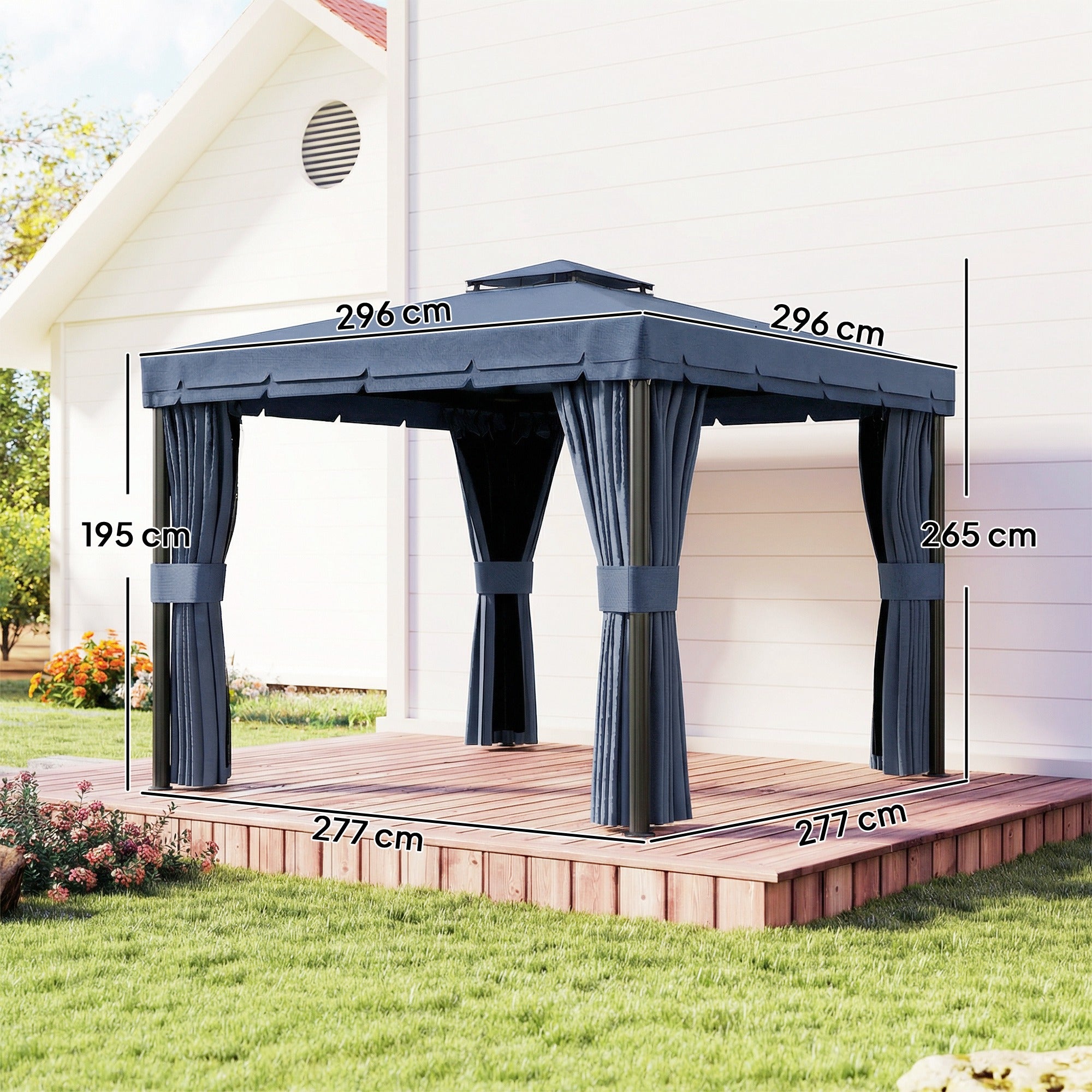 Outsunny 3 x 3(m) Patio Gazebo Canopy Garden Pavilion Tent Shelter Marquee with 2 Tier Roof, Netting and Curtains, Dark Blue 