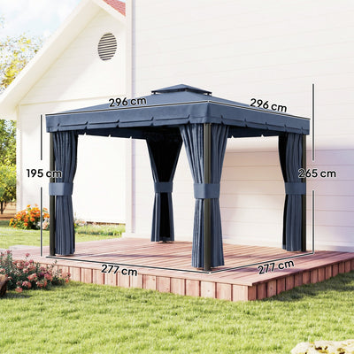 Outsunny 3 x 3(m) Patio Gazebo Canopy Garden Pavilion Tent Shelter Marquee with 2 Tier Roof, Netting and Curtains, Dark Blue 