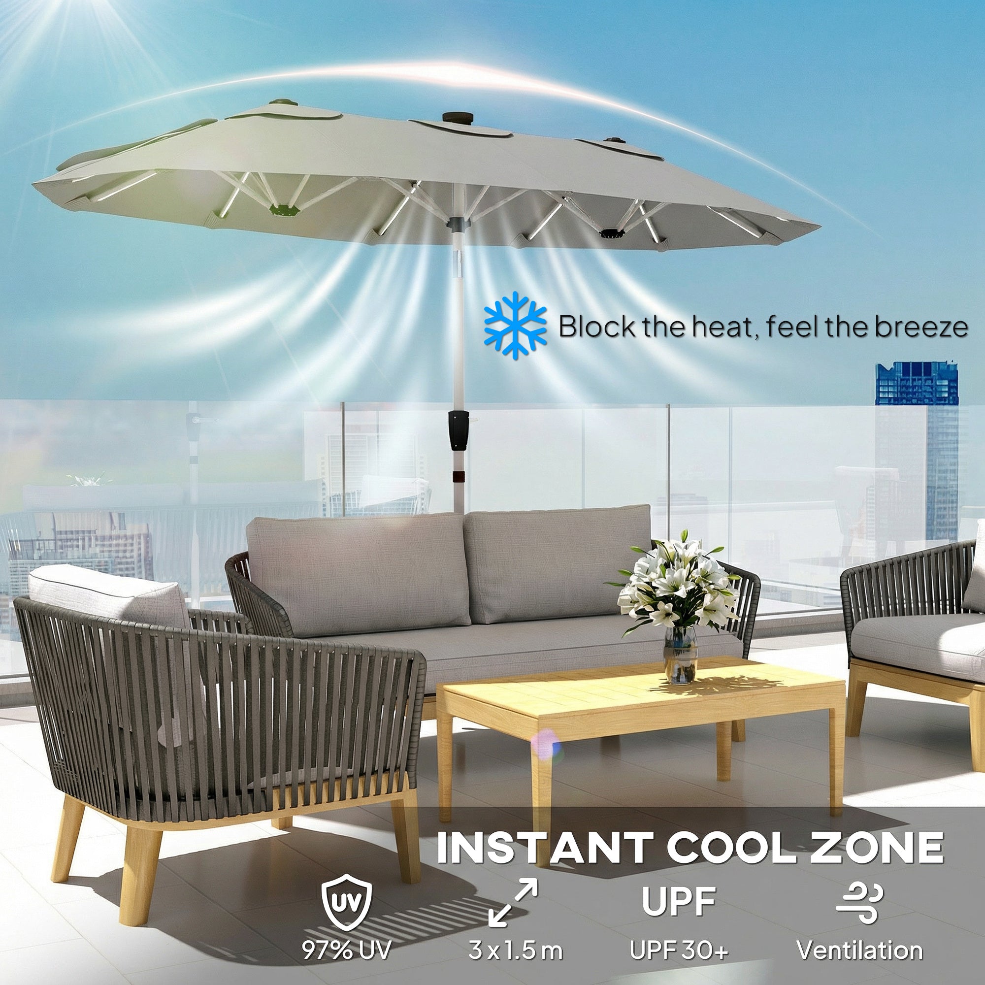 Outsunny 3 m Double-Sided Garden Parasol with LED Solar Lights, Outdoor Extra Large Sun Umbrella with Crank Handle, Grey 
