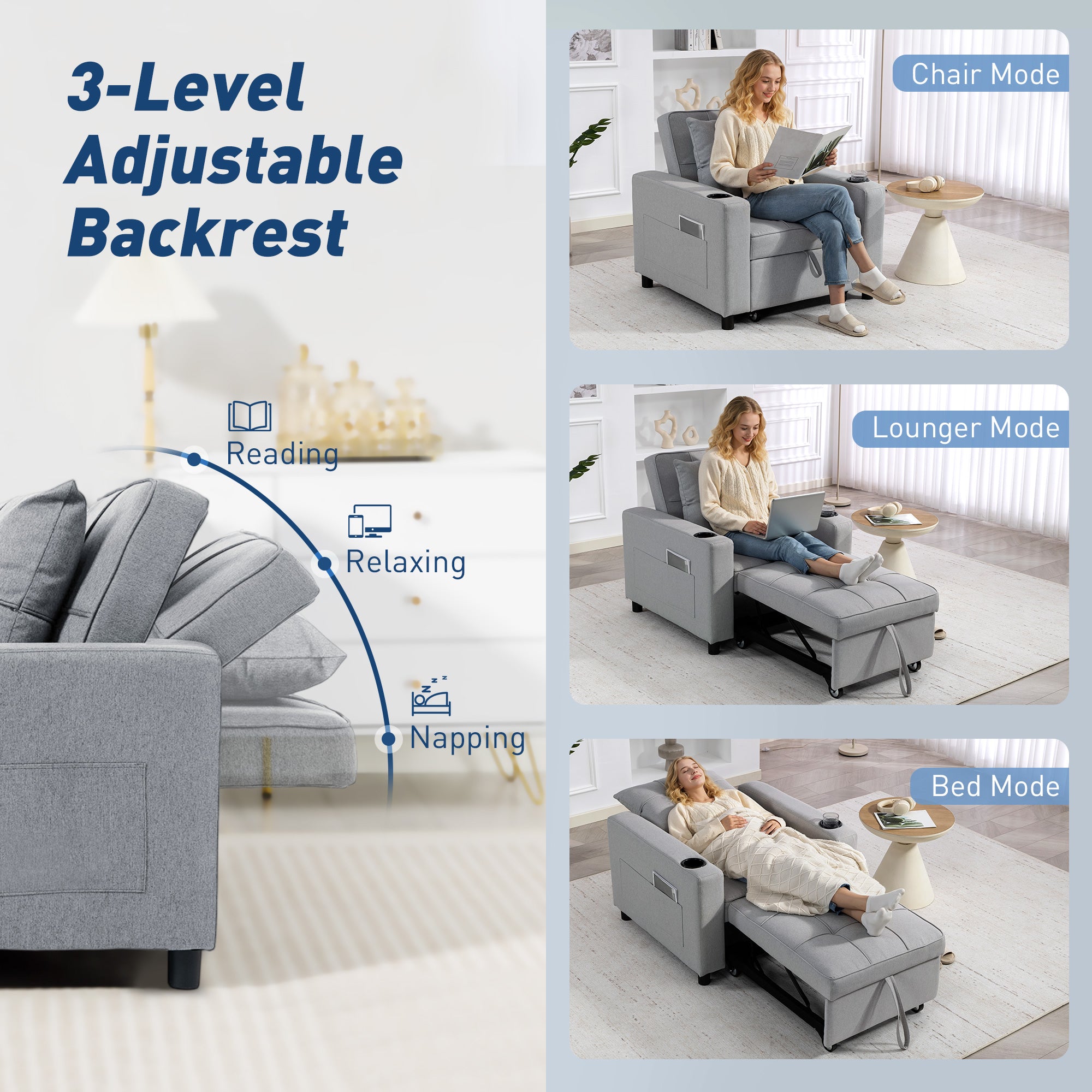 HOMCOM 3-in-1 Single Sofa Bed, Convertible Sleeper Chair Bed - Light Grey 