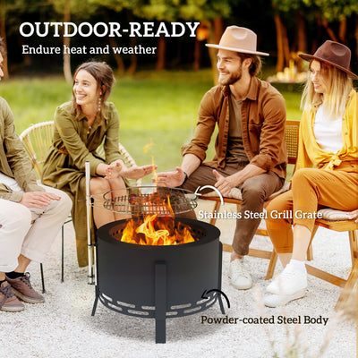 Outsunny Portable Fire Pit, 58 cm Round Firepit with Grill Grate, Fire Bowl with Ash Catcher and Poker, Fire Pit BBQ for Garden Camping Bonfire Picnic, Black 