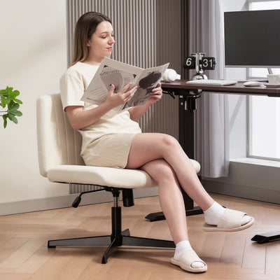 HOMCOM Armless Office Chair No Wheels, Linen Fabric Criss Cross Legged Desk Chair with Wide Seat, Thick Padding, Tilt Function, Height Adjustable Swivel Computer Seat for Home, Cream 