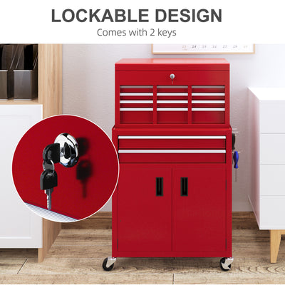 HOMCOM Portable Tool Box, Metal Tool Chest on Wheels with 6 Drawers for Garage and Workshop, Red 
