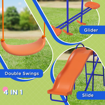Outsunny Four-In-One Metal Garden Swing Set, with Double Swings, Glider, Slider, Ladder - Orange and Blue 