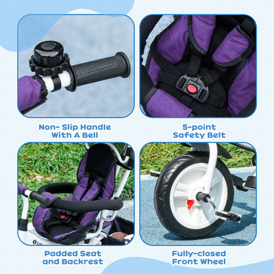 HOMCOM 6 in 1 Kids Trike Push Bike w/ Push Handle, Canopy, 5-point Safety Belt, Storage, Footrest, Brake, for 1-5 Years, Purple 