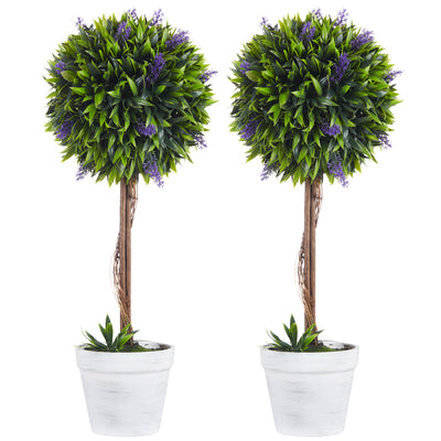 HOMCOM Set of 2 Decorative Artificial Plants Ball Trees with Lavender Flowers in Pot Fake Plants for Home Indoor Outdoor Decor, 60cm, Green 