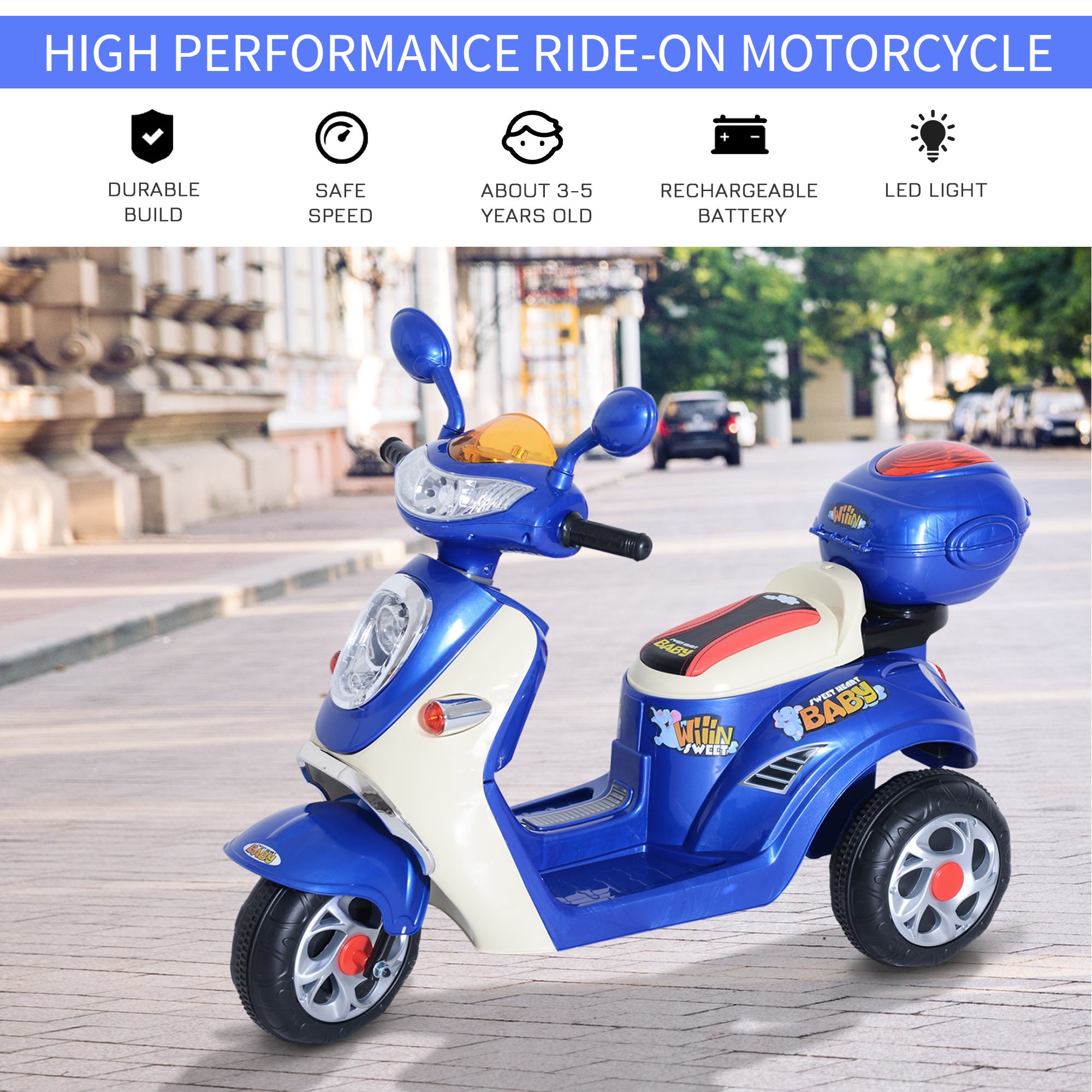 HOMCOM Kids Electric Ride On Toy Car 6V Electric Motorbike with Chargeable Battery Headlight and Music for 3-5 Years - Blue 