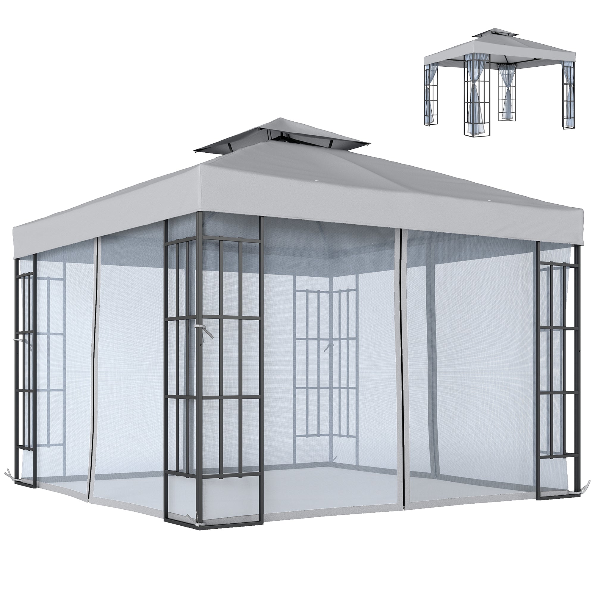 Outsunny 3 x 3(m) Patio Gazebo Canopy Garden Pavilion Tent Shelter with 2 Tier Roof and Mosquito Netting, Light Grey 
