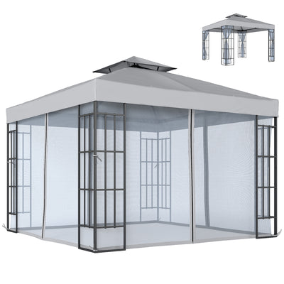 Outsunny 3 x 3(m) Patio Gazebo Canopy Garden Pavilion Tent Shelter with 2 Tier Roof and Mosquito Netting, Light Grey 