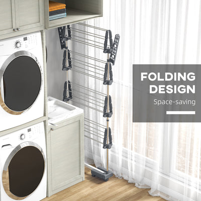 HOMCOM Four-Shelf Collapsing Clothes Horse, With Side Arms and Wheels - Grey 