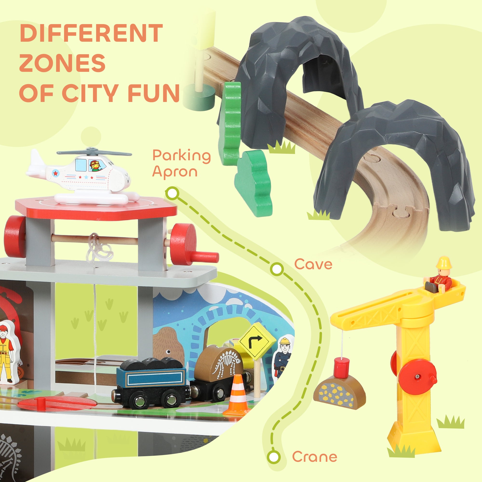 AIYAPLAY 79 Piece Wooden Train Set, Kids Train Track Mine Themed with Crane, Helicopter 