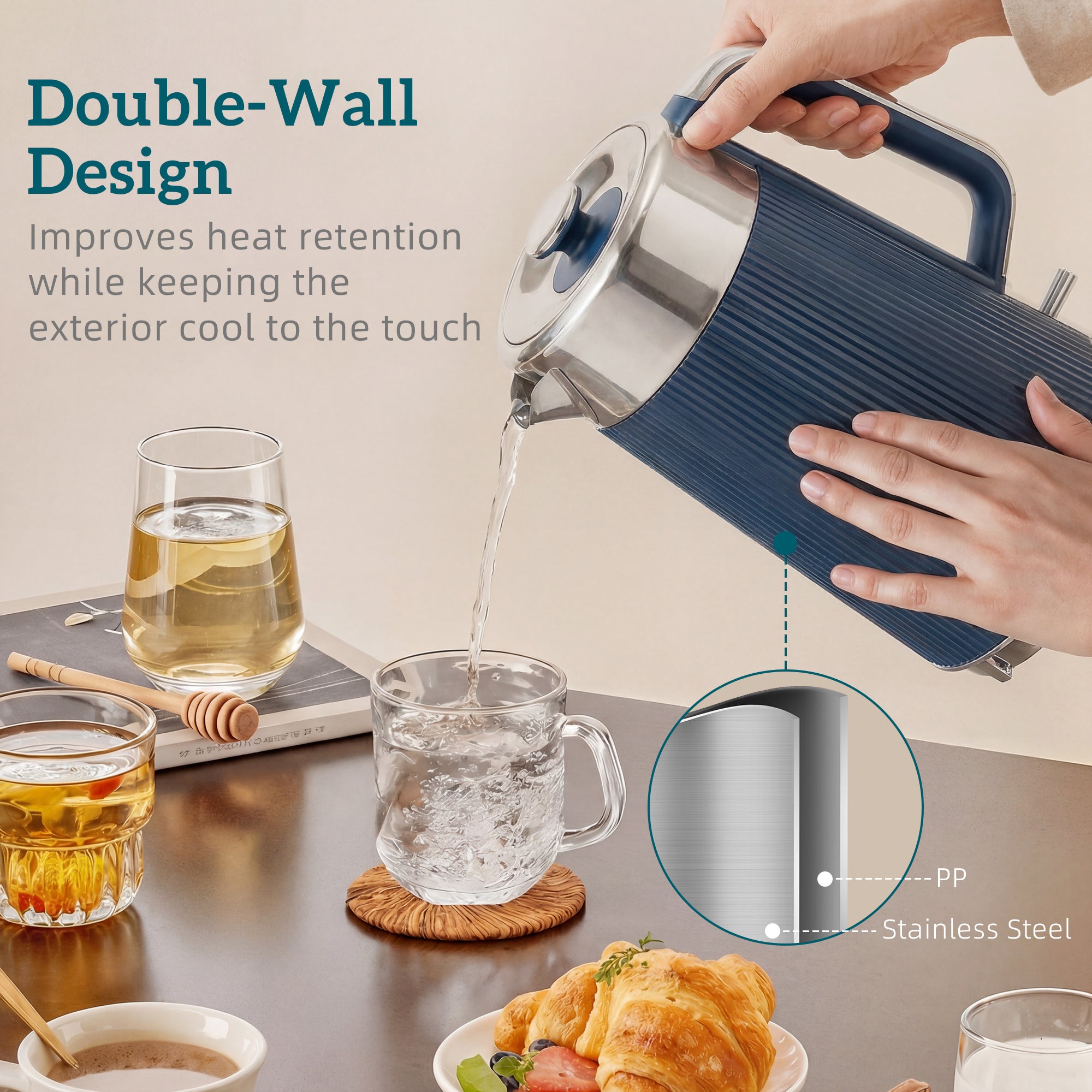 HOMCOM Electric Stainless Steel Kettle and Toaster Set, 3000W 1.7L UK Strix Thermostat Dark Blue 