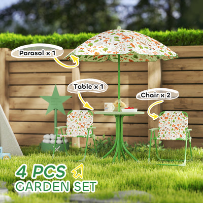 AIYAPLAY 4 Pieces Kids Garden Table and Chair Set with Adjustable Parasol, Folding Chairs, Table, Fox Pattern, Green 