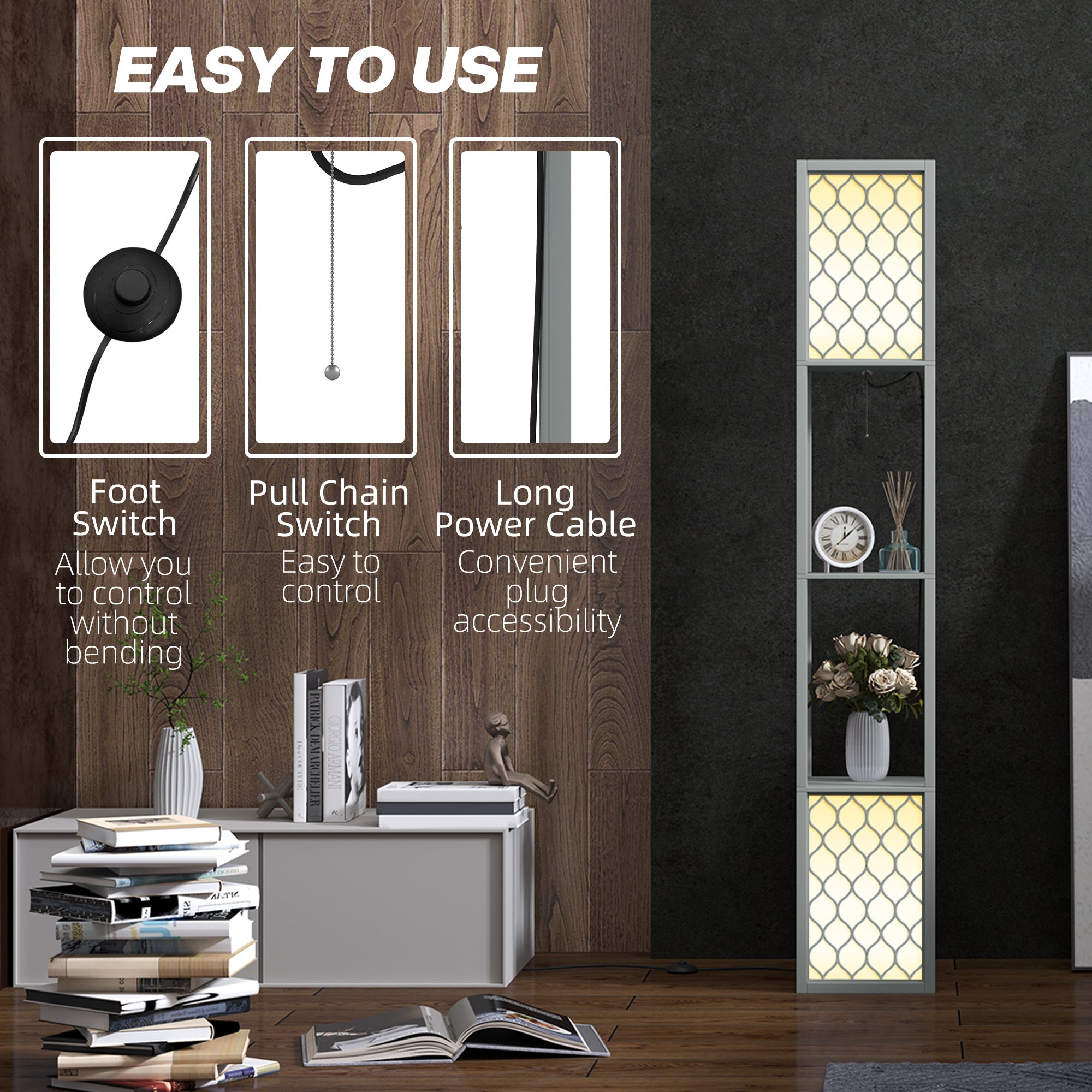 HOMCOM Floor Lamp with Shelves, Dual Light, Modern Tall Standing Lamps, with Pull Chain Switch (Bulb not Included), Light Grey 