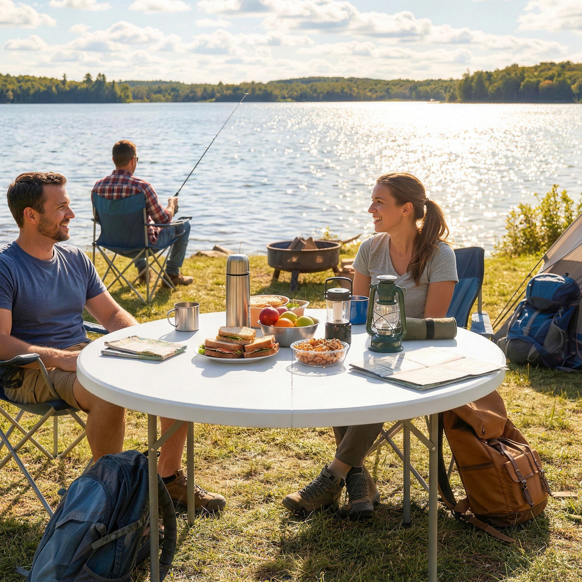Outsunny 4ft Folding Picnic Table, Camping Table with Non-slip Foot Pads and Metal Frame, 100 kg Load, for Garden, White 