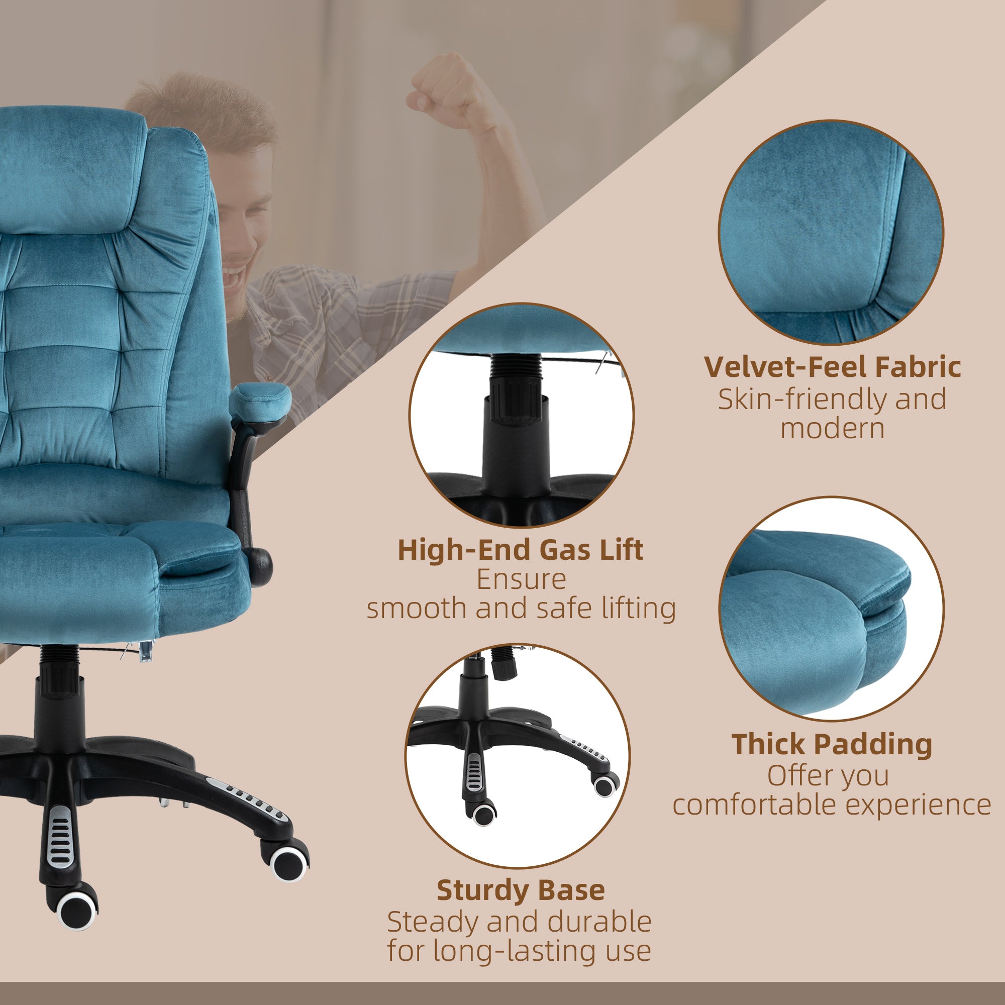 Vinsetto Massage Recliner Chair Heated Office Chair with Six Massage Points Velvet-Feel Fabric 360\'c2\'b0 Swivel Wheels Blue