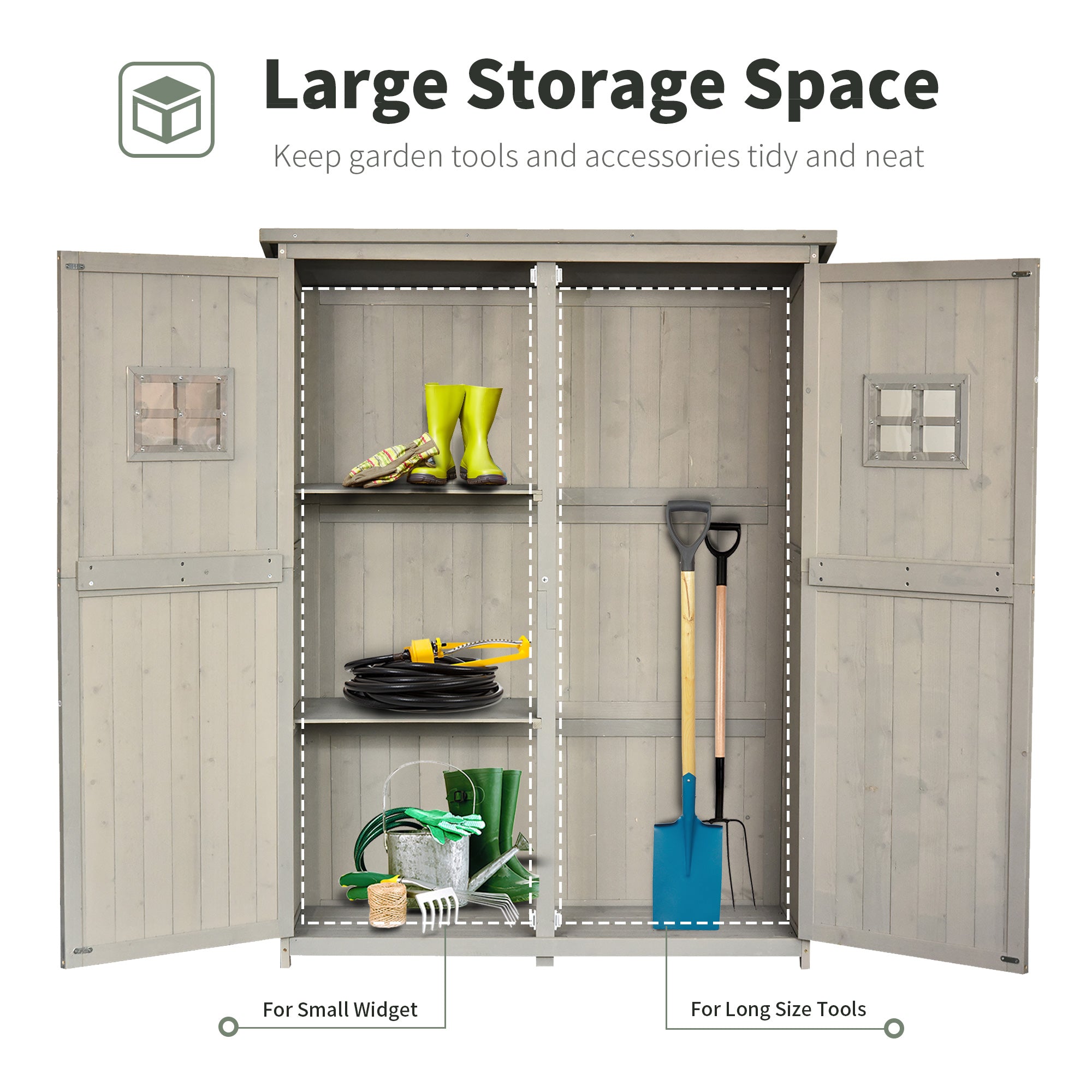 Outsunny Wooden Garden Shed with Two Windows, Tool Storage Cabinet, Outdoor Double Door Organizer 127.5L x 50W x 164H cm, Grey 
