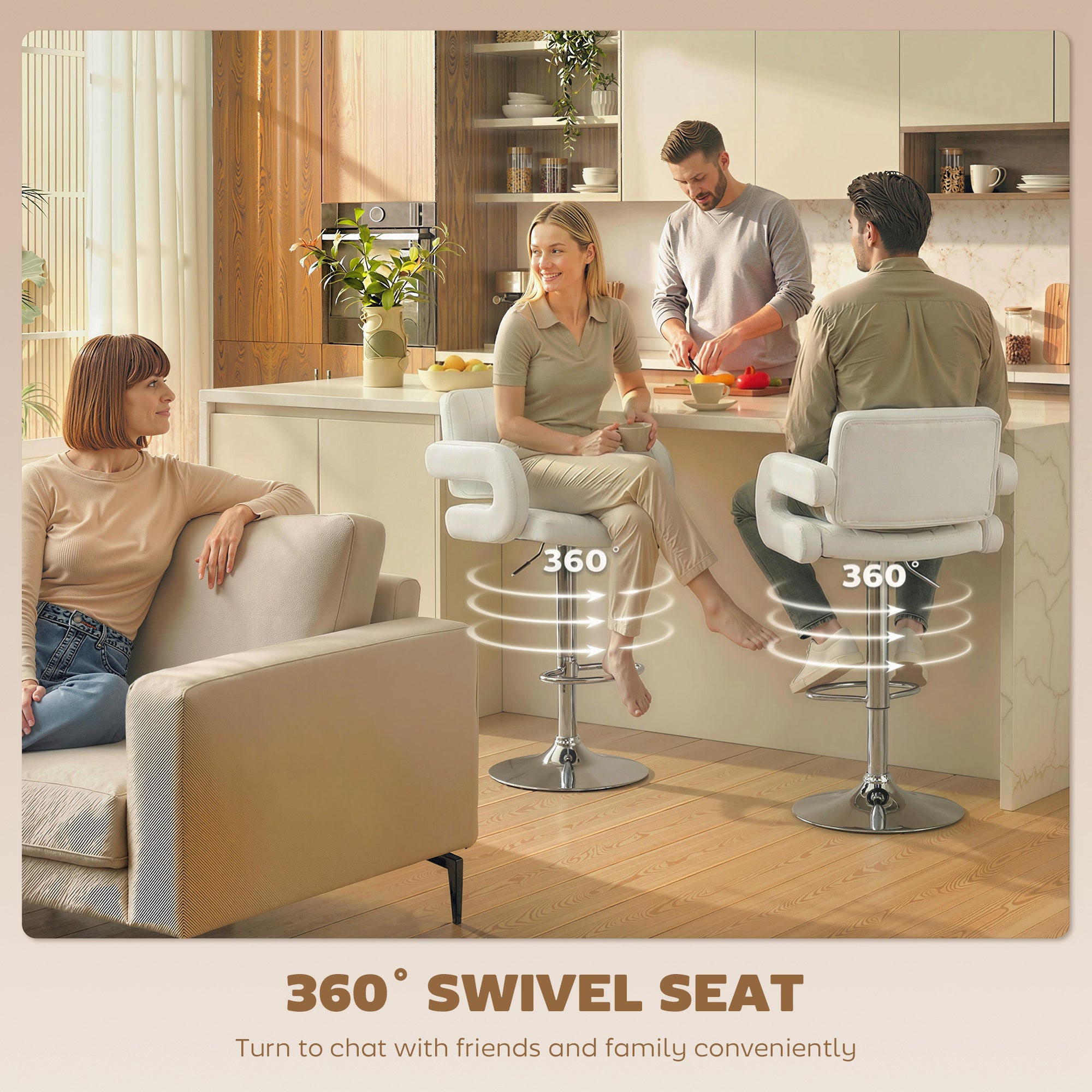HOMCOM Bar Stools Adjustable Swivel Kitchen Chairs with Backrest Armrest Set of 2 PU Leather White 