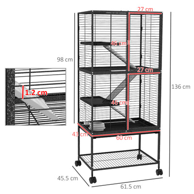 PawHut Rolling Chinchilla Cage, Small Animal Cage for Ferrets w/ Three Doors, Storage, Shelf, Tray Tray, Bowl, Water Bottle 