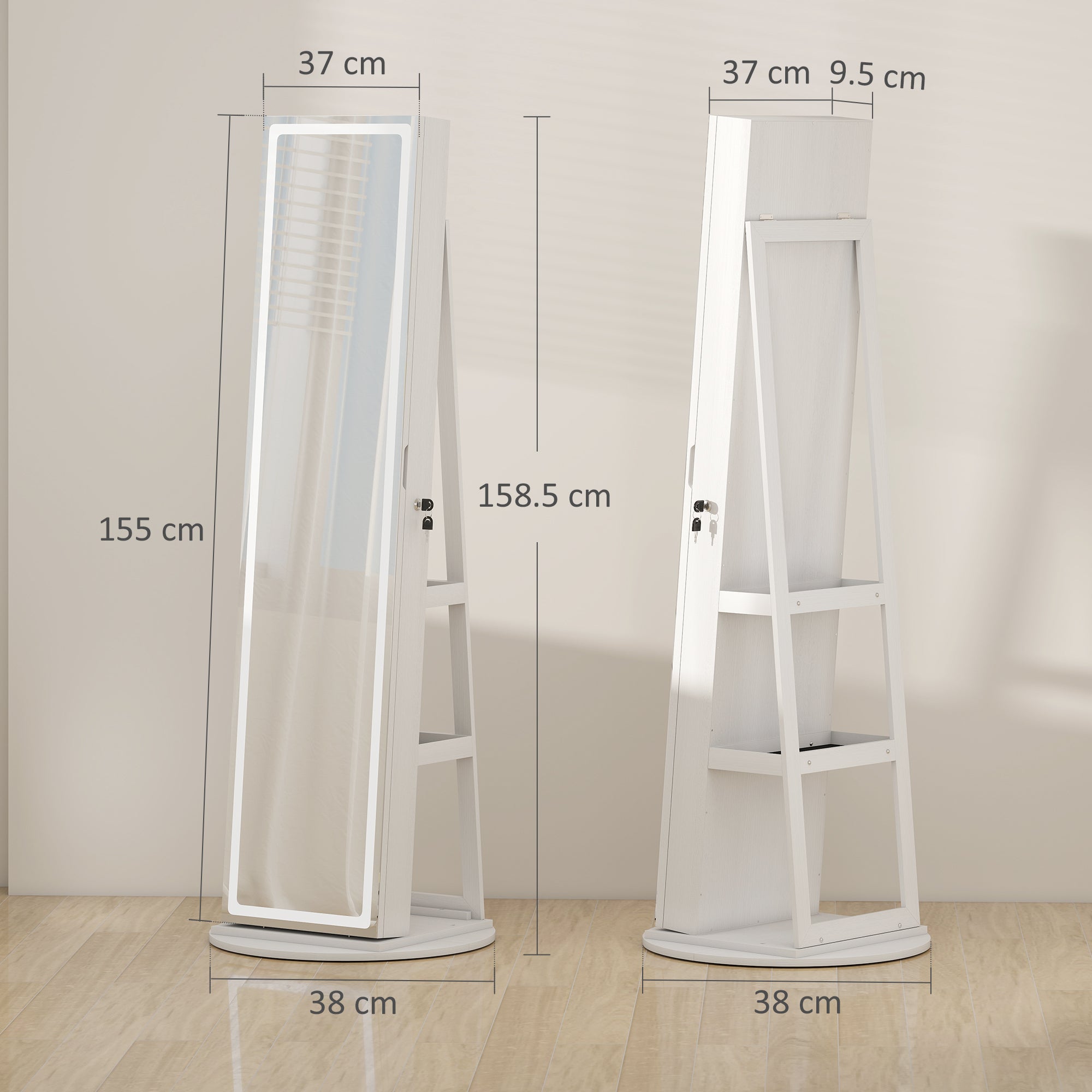 HOMCOM Storage Jewellery Cabinet, with Mirror and Lights - White