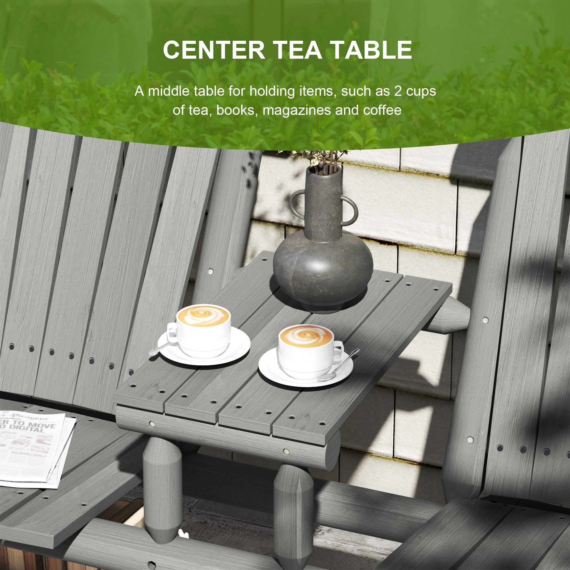 Outsunny Wood Patio Chair Bench 2 Seats w/ Centre Coffee Table, Garden Bench, Grey 