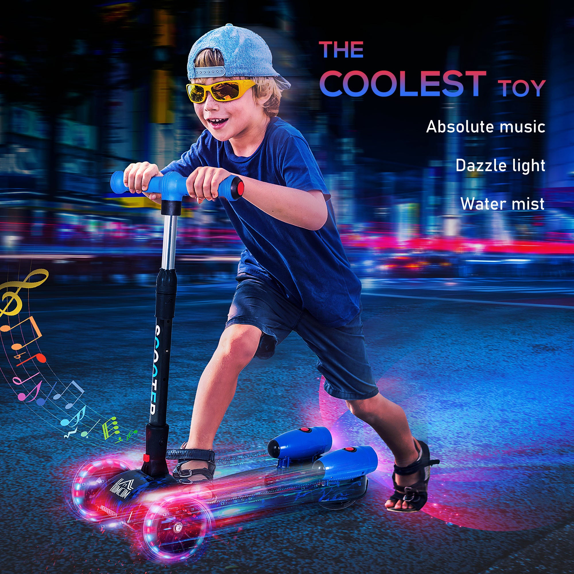 HOMCOM Kids Scooter, 3 Wheel Foldable Kick Scooter Adjustable Height w/ Flashing Wheels, Music, Water Spray for 3-6 Years, Blue 