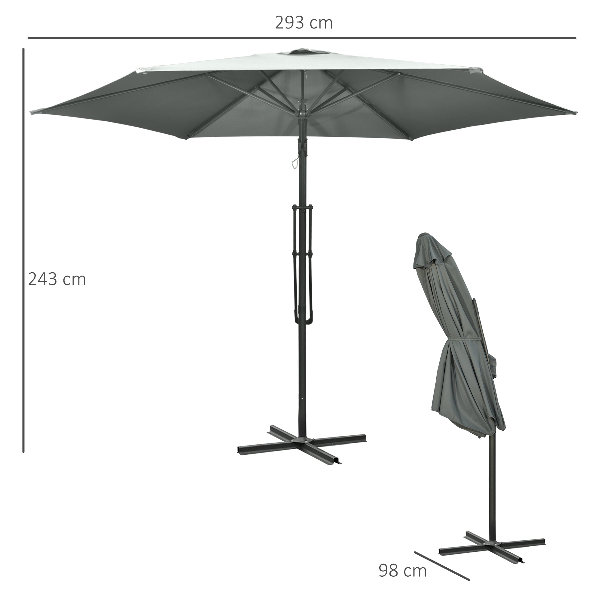 Outsunny 3m Cantilever Parasol with Easy Lever, Patio Umbrella with Crank Handle, Cross Base and 6 Metal Ribs, Outdoor Sun Shades for Garden, Grey 