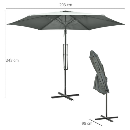 Outsunny 3m Cantilever Parasol with Easy Lever, Patio Umbrella with Crank Handle, Cross Base and 6 Metal Ribs, Outdoor Sun Shades for Garden, Grey 