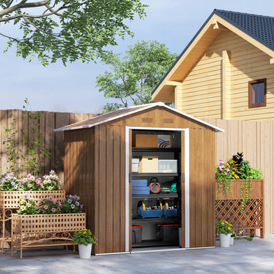 Outsunny 6.5 x 3.5ft Metal Garden Storage Shed - Brown Wood Effect 