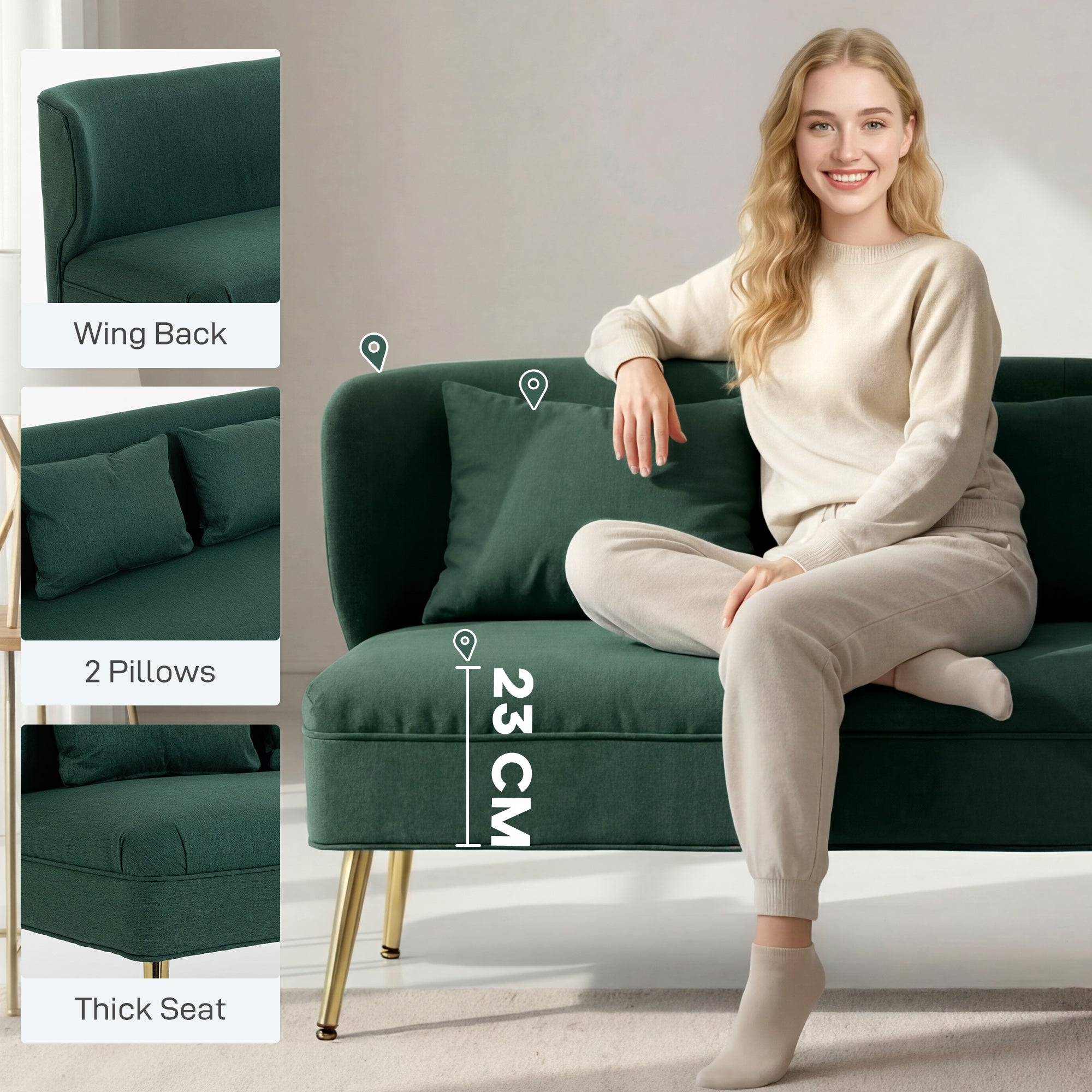 HOMCOM 2 Seater Sofa, Linen-look Fabric Small Sofa with Wing Back, Thick Seat, Metal Legs, Dark Green 