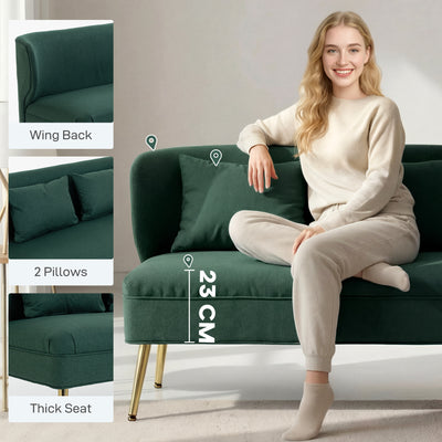 HOMCOM 2 Seater Sofa, Linen-look Fabric Small Sofa with Wing Back, Thick Seat, Metal Legs, Dark Green 