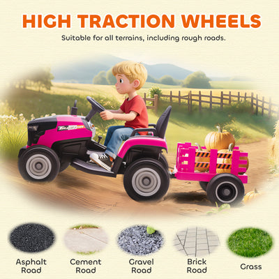 AIYAPLAY 12V Ride on Tractor and Trailer with Remote Control, Music, Shifter, Start-Up Sound, for Kids Ages 3-8 Years, Pink 