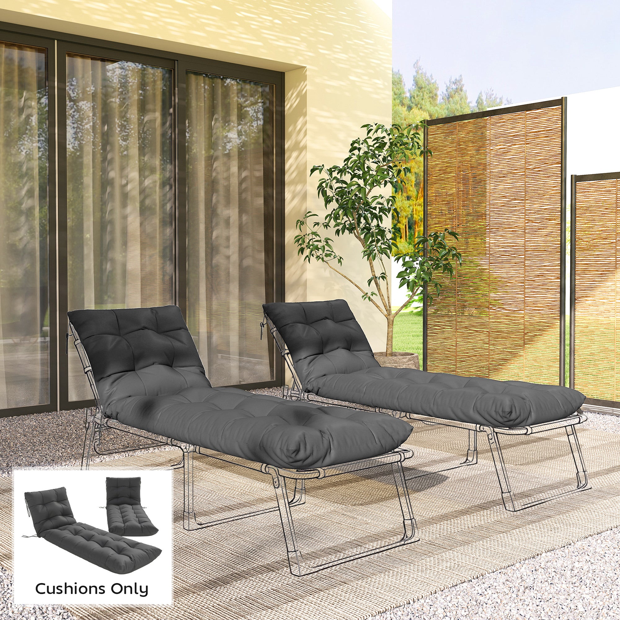 Outsunny Sun Lounger Cushions Only, Garden Lounge Chair Cushions Set of 2, Sunbed Replacement Pads with 4 Ties, Dark Grey 
