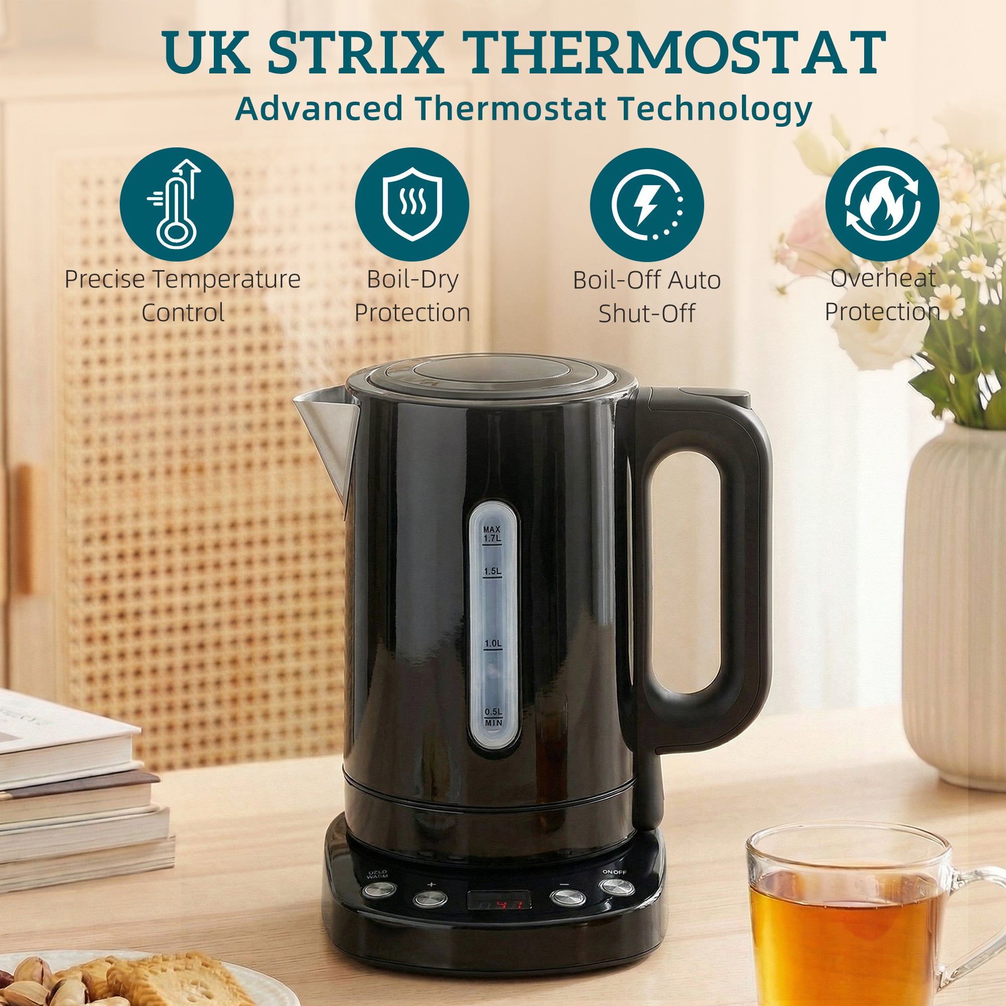 HOMCOM Electric Kettle, 1.7L, Fast Boil, 3kW Water Kettle with UK Strix Thermostat, Keep Warm Function, LCD Base, Black 