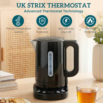 HOMCOM Electric Kettle, 1.7L, Fast Boil, 3kW Water Kettle with UK Strix Thermostat, Keep Warm Function, LCD Base, Black 