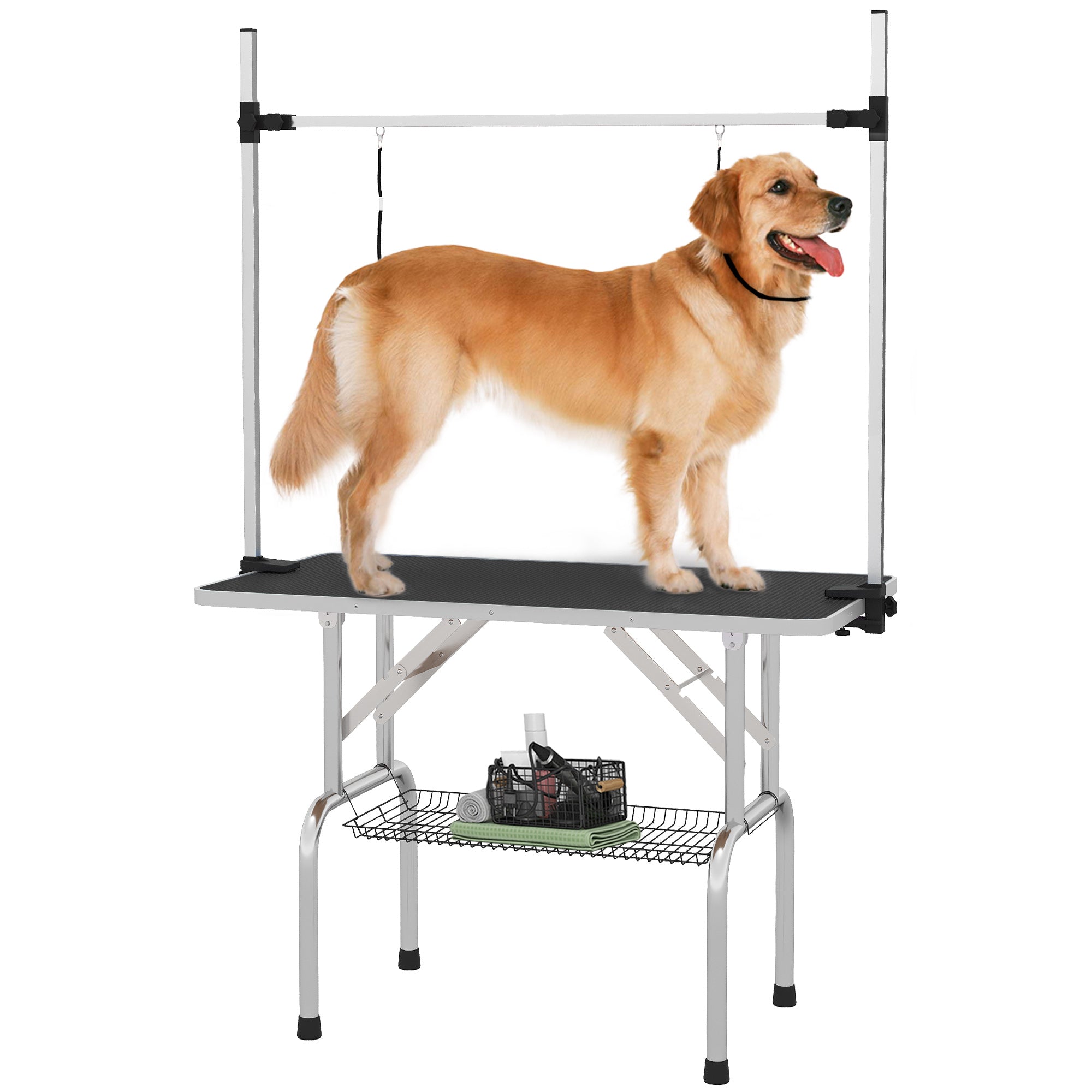 PawHut 42" Dog Grooming Table, Adjustable Pet Cat Drying Beauty Table with 2 Loops Storage Basket, Rubber Top, Black 