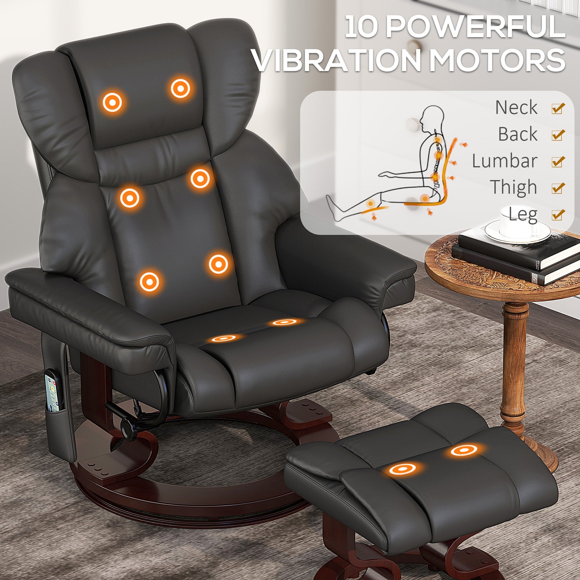 HOMCOM Massage Recliner Chair with Footstool, Upholstered Reclining Armchair with Adjustable Backrest, Steel Frame and Wood Base, Swivel Chair for Living Room, Bedroom, Black 