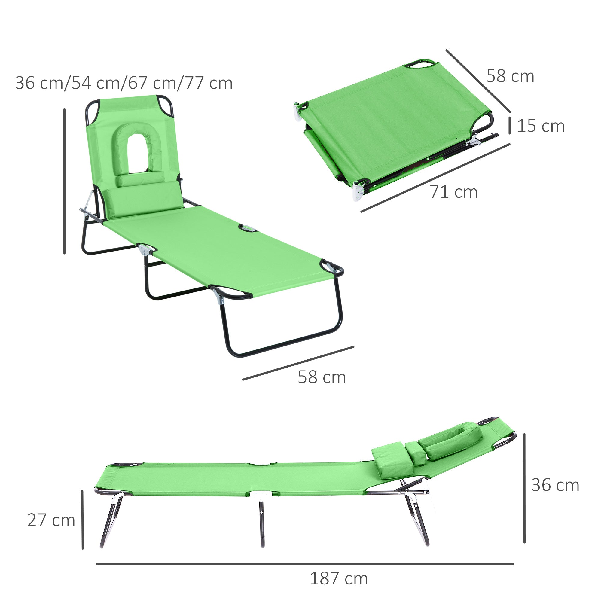 Outsunny Outdoor Foldable Sun Lounger, 4 Level Adjustable Backrest Reclining Sun Lounger Chair with Pillow and Reading Hole, Green 