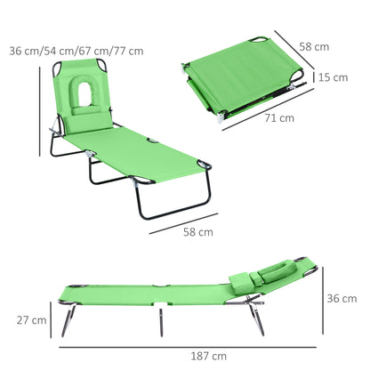 Outsunny Outdoor Foldable Sun Lounger, 4 Level Adjustable Backrest Reclining Sun Lounger Chair with Pillow and Reading Hole, Green 