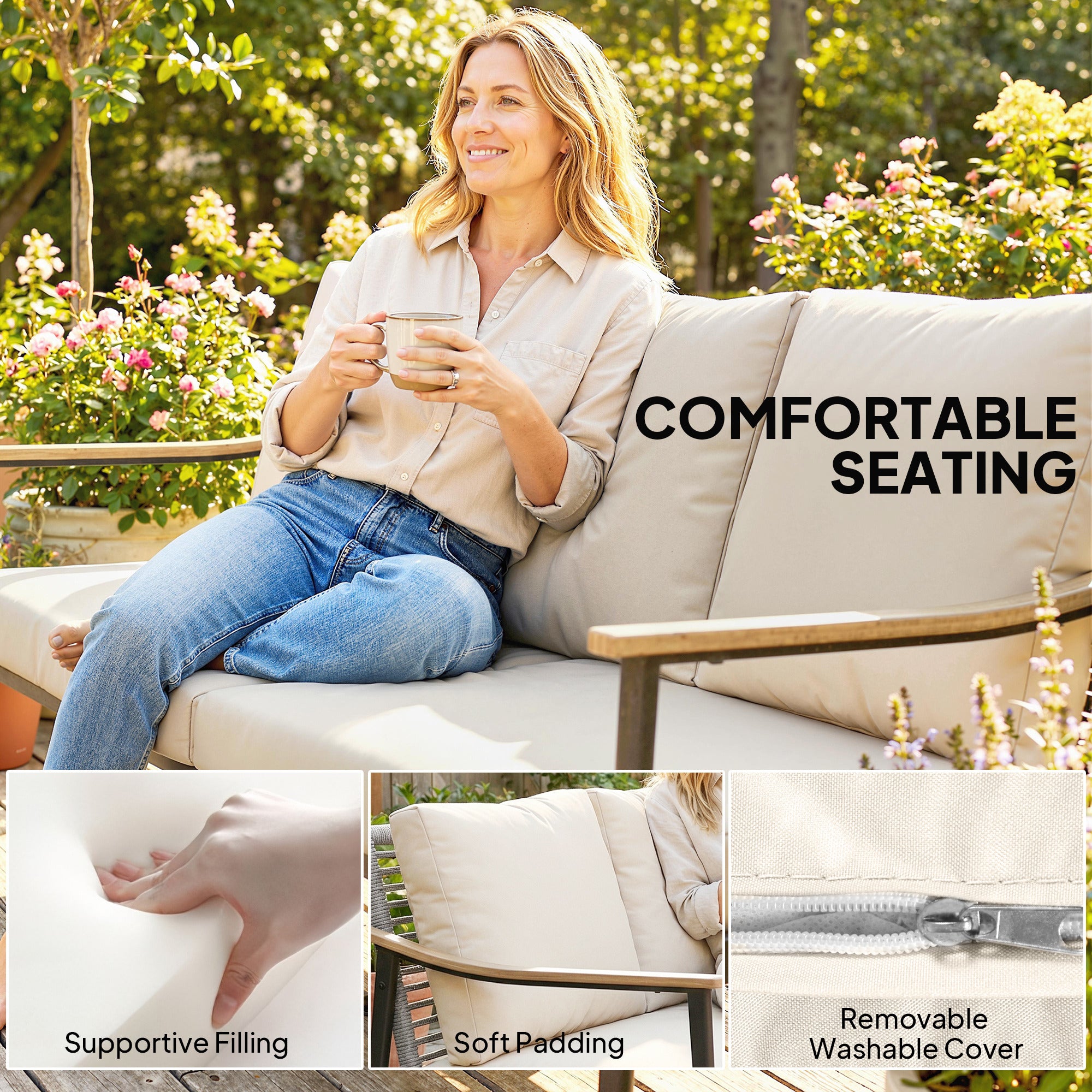 Outsunny 3 Seater Rattan Sofa, Outdoor Garden Sofa with Wood-Effect Armrests, Cushions for Patio, Balcony, Khaki 