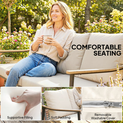 Outsunny 3 Seater Rattan Sofa, Outdoor Garden Sofa with Wood-Effect Armrests, Cushions for Patio, Balcony, Khaki 