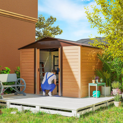 Outsunny 9 x 6ft Galvanised Steel Shed - Brown Wood-Effect 