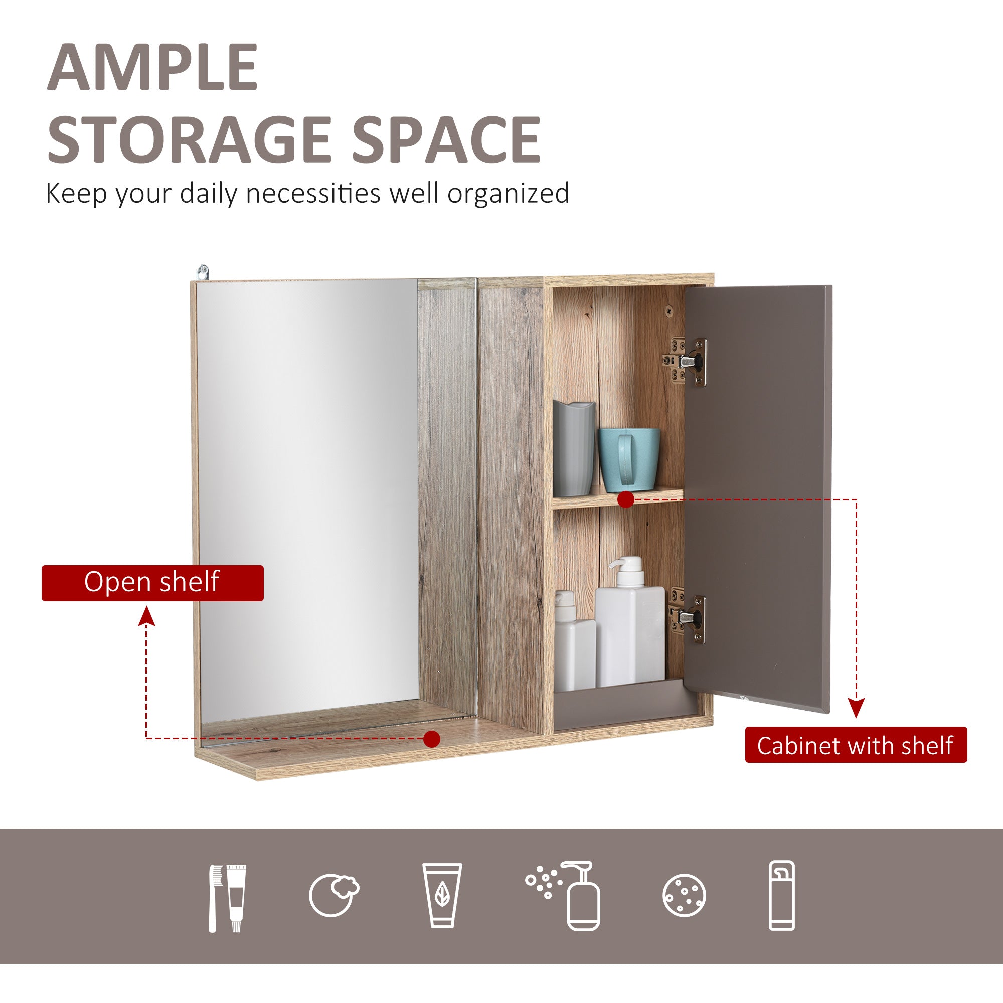 HOMCOM Bathroom Mirror Cabinet, Wall-Mounted Bathroom Cabinet with Mirror and Adjustable Inner Shelf,  57L x 14.2W x49.2H cm 