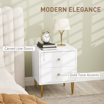 HOMCOM Elegant Two-Drawer Bedside Table - White/Gold-Tone 
