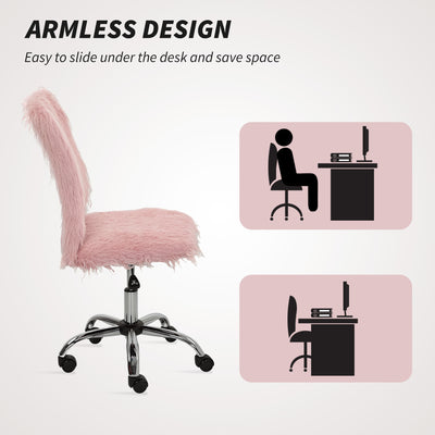 HOMCOM Plush Office Desk Chair, Modern Armless Swivel Vanity Chair with Adjustable Height for Home Office, Bedroom, Living Room, Pink 