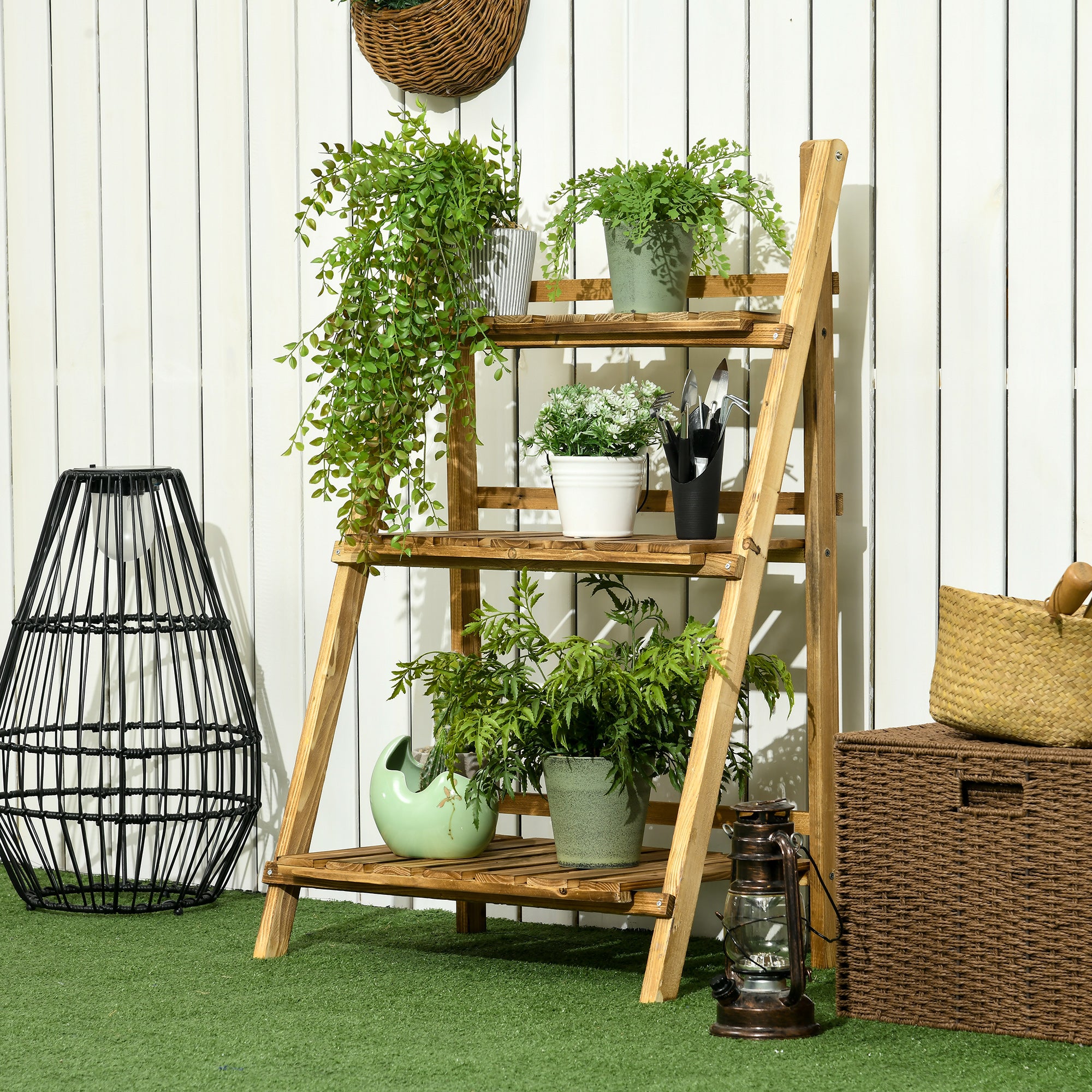 Outsunny Wooden Folding Flower Pot Stand 3 Tier Garden Planter Display Ladder Gardener Storage Shelves Rack Herb Holder (60L x 37W x 93H cm) 