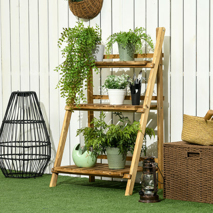 Outsunny Wooden Folding Flower Pot Stand 3 Tier Garden Planter Display Ladder Gardener Storage Shelves Rack Herb Holder (60L x 37W x 93H cm) 